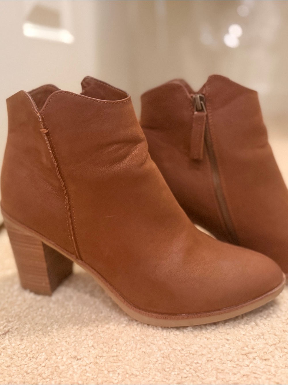 MIA Chestnut Brown Leather Ankle Booties with Block Heel